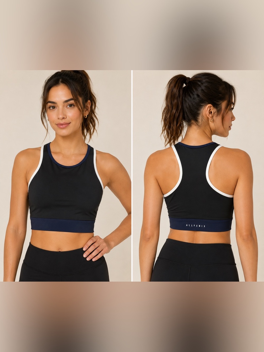 ALLFENIX Black High Neck Contrast Trim Medium Support Sports Bra Size Small